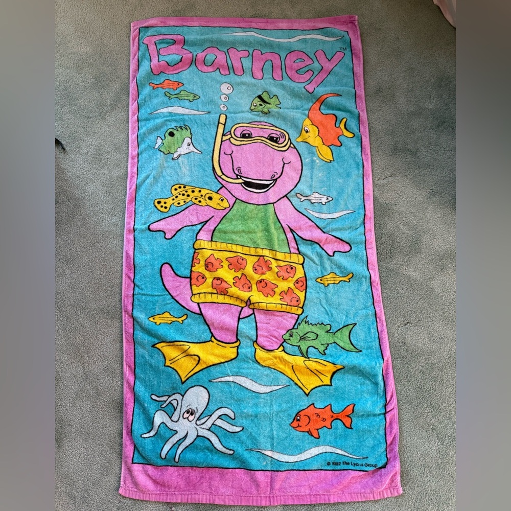 Vintage 1992 Barney The Dinosaur Bath Towel Purple 90s Collectible